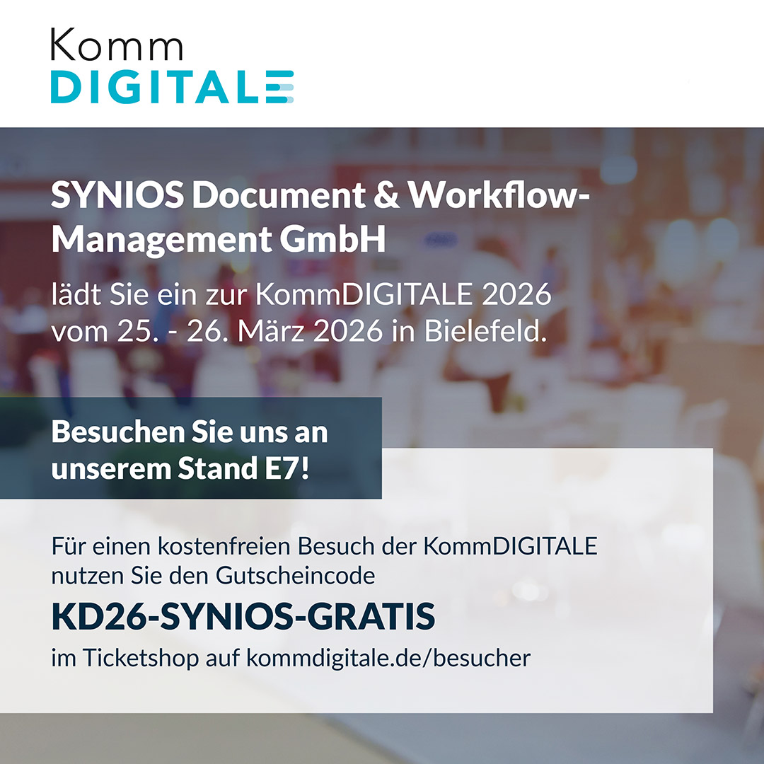 Besuchen Sie uns auf unserem Stand E7, auf der KommDIGITALE, am 25.03. – 26.03.2026. Hier den Ticketgutschein KD26-SYNIOS-GRATIS einlösen